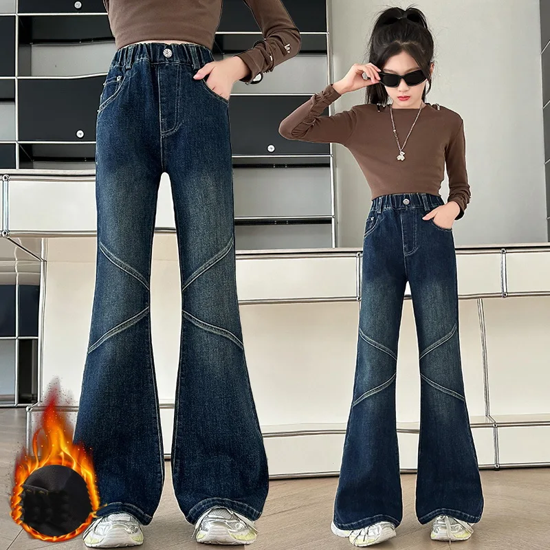 Casual Kids Winter Corduroy Lined Flare Jeans For Girls Warm Velvet Thicken Denim Pants Child Boot Cut Street Thermal Trousers