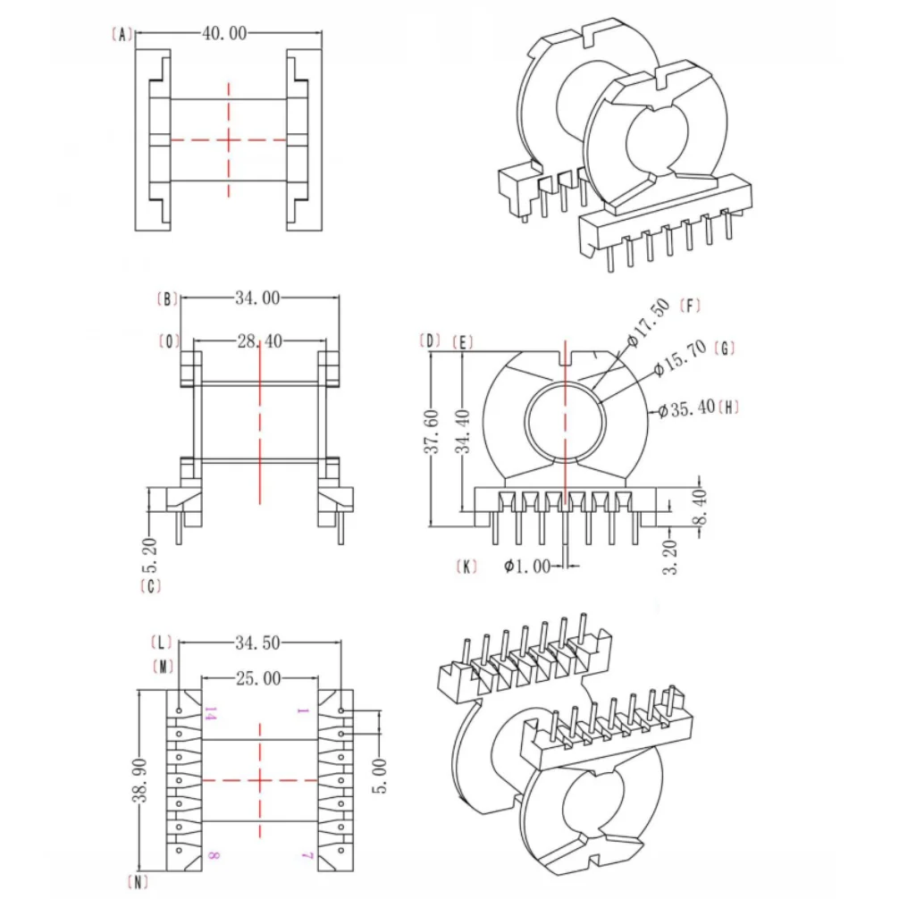 transformer core and bobbin  PQ4040 soft core PC44 material  and bobbin horizational 7+74sets/lot