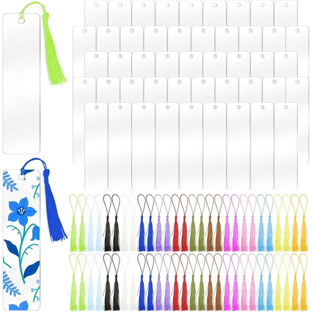 AA05 50 Pcs Clear Acrylic Bookmarks Blanks Rectangle,Book Page Markers Transparent Acrylic Bookmark Blank Bulk with Tassels