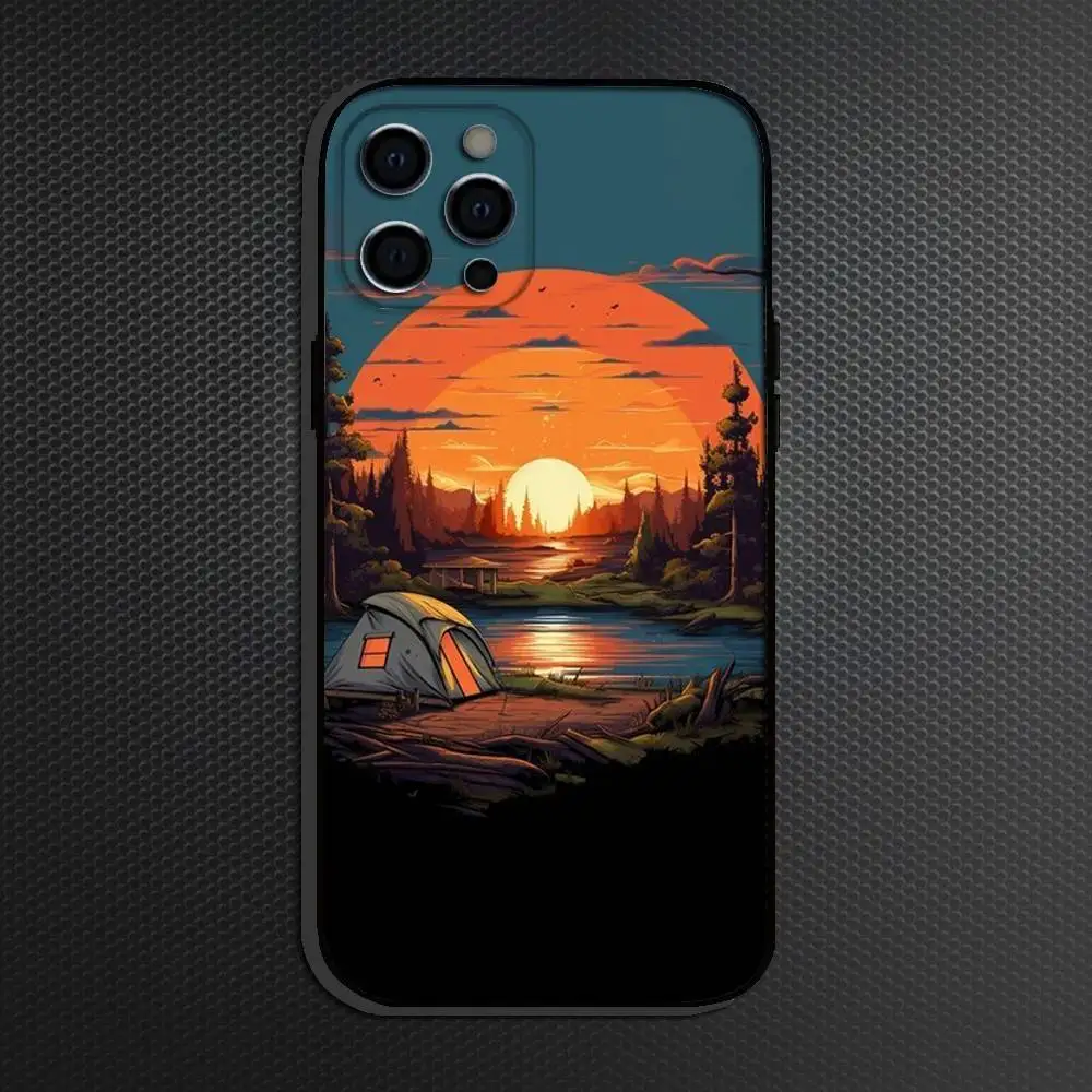 Nature Outdoor キャンプ用iPhoneケース iPhone 16,15,14,13,12,11 Plus,Pro Max,その他対応 ソフトブラックカバー