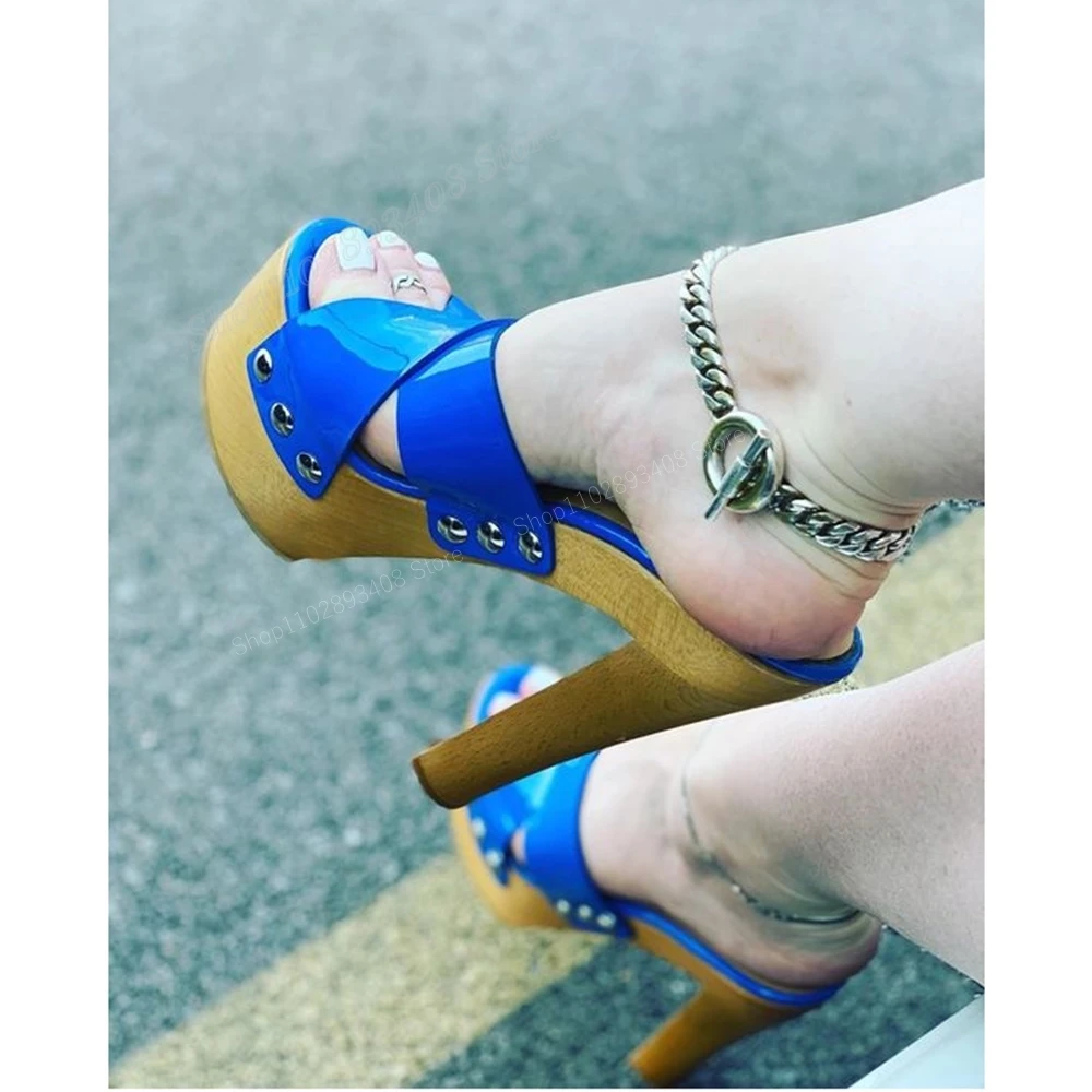 

Dark Blue Cross Tied Platform Slippers Patent Leather Chunky High Heel Rivets Fashion Sexy Women Shoes 2024 Zapatos Para Mujere