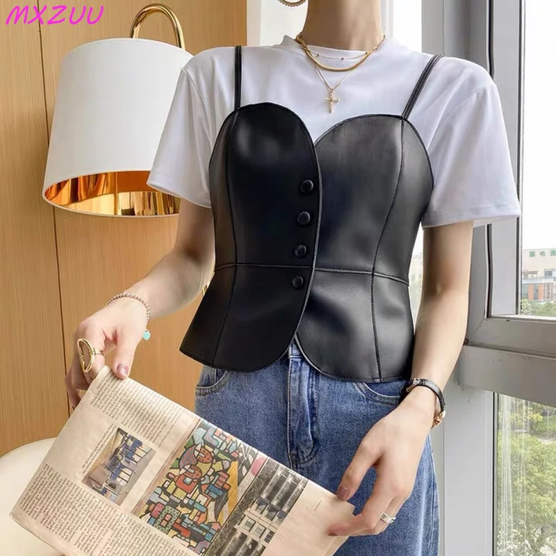 Leather Vest Women 2023 Autumn French Fashion Stylish Colorful Outer Inner Wear Sleeveless Jacket Female V-neck Sexy Slim Sling