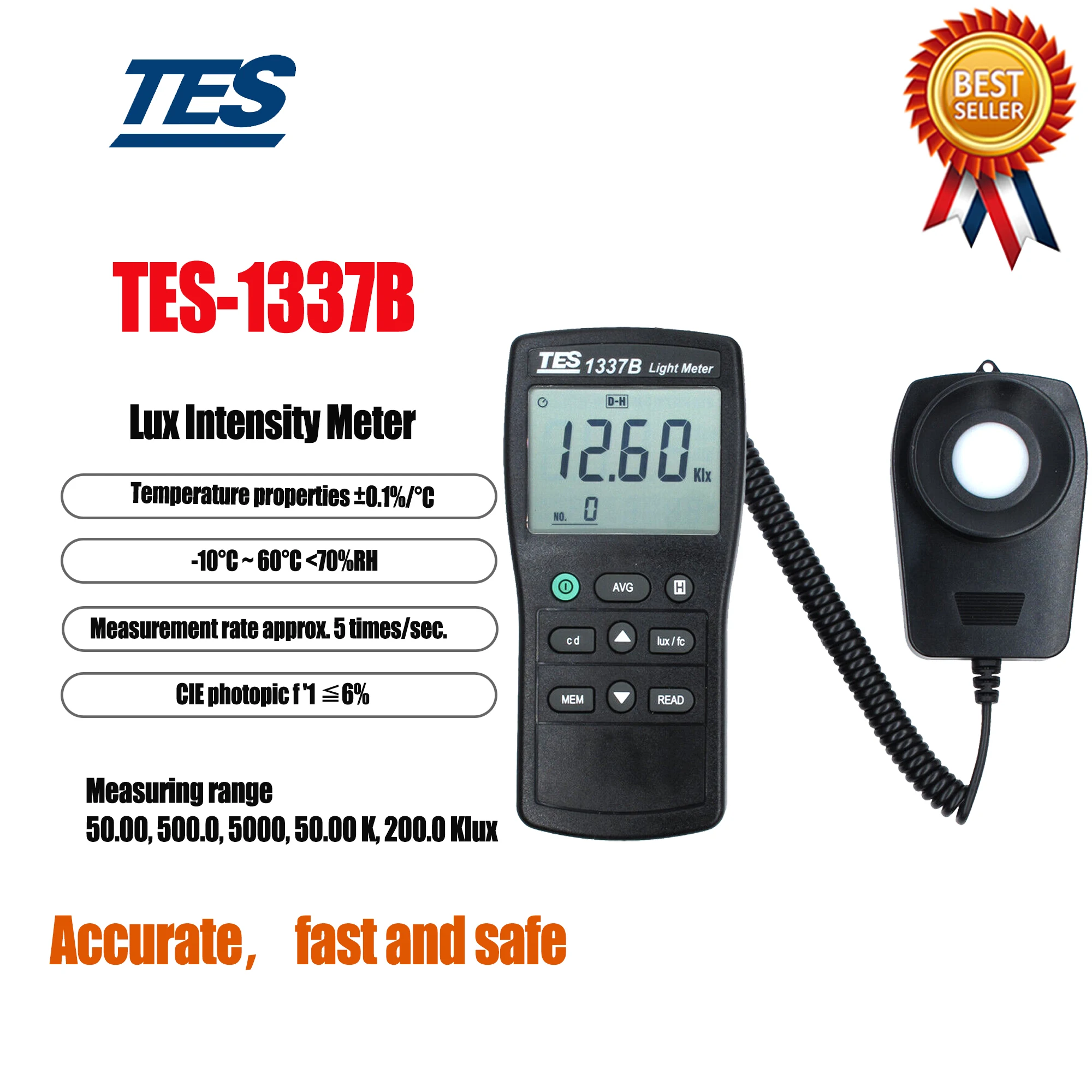 TES-1337B Lux Intensity Meter Measuring Levels Ranging 0.1-200Klux.0.01-20.00.Spectral Sensitivity Close to CIE Photopic Curve.