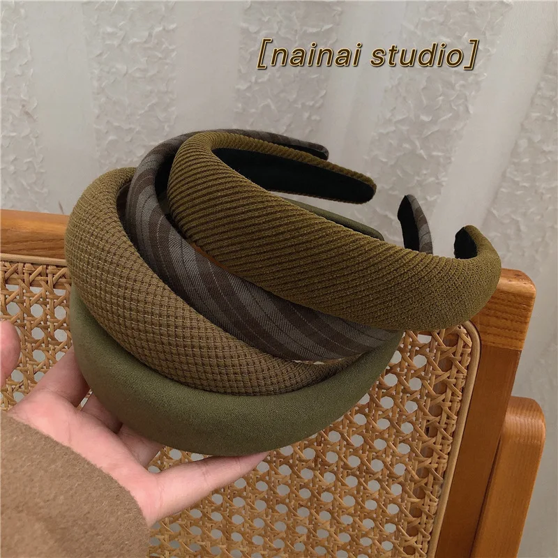 Dark Color Cotton Plaid Women Padded Hair Band Headwear Korea Thickened Classic Solid Color Dark Green Brown Headband Hair Hoops