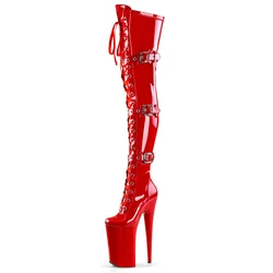 26CM Black Color PU Sexy Long Boots Nightclub Exotic Over-the-Knee Buckle High Heels 10 Inches Women Platform Pole Dancing Shoes