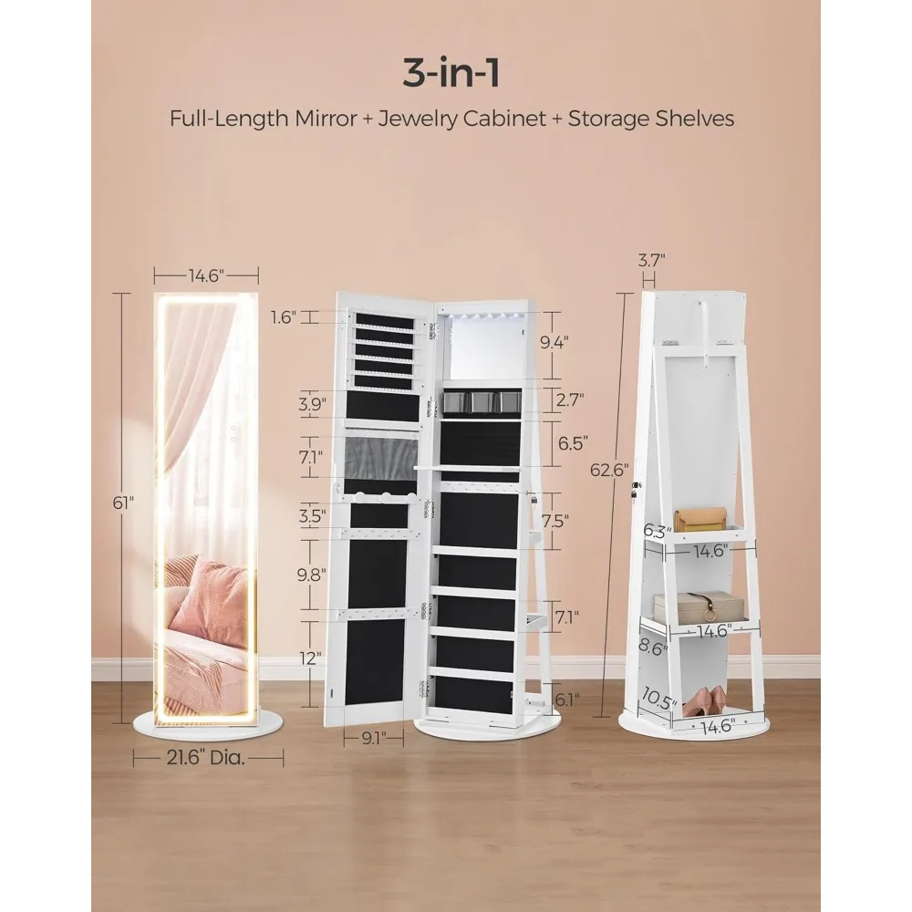 LED Mirror Jewelry Cabinet Standing, Lockable Armoire with Full-Length and Adjustable Lights, Space-Saving Organizer Mirror