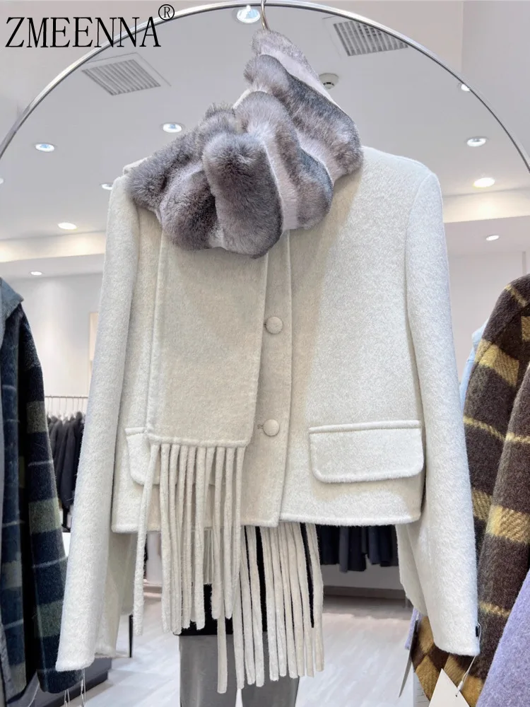 

ZMEENNA женское короткое шерстяное пальто со съемным шарфом, открытая передняя часть, сшитая вручную краями, теплая зимняя верхняя одежда ZM4409