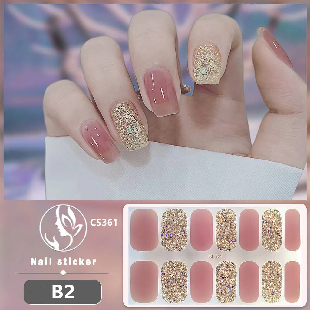 สติกเกอร์ติดเล็บลายกลิตเตอร์สีชมพู แบบไม่ต้องอบ สไตล์ฝรั่งเศส สีพื้น ติดแน่น ปิดเต็มเล็บ แบบแถบเลื่อน สำหรับตกแต่งเล็บเอง