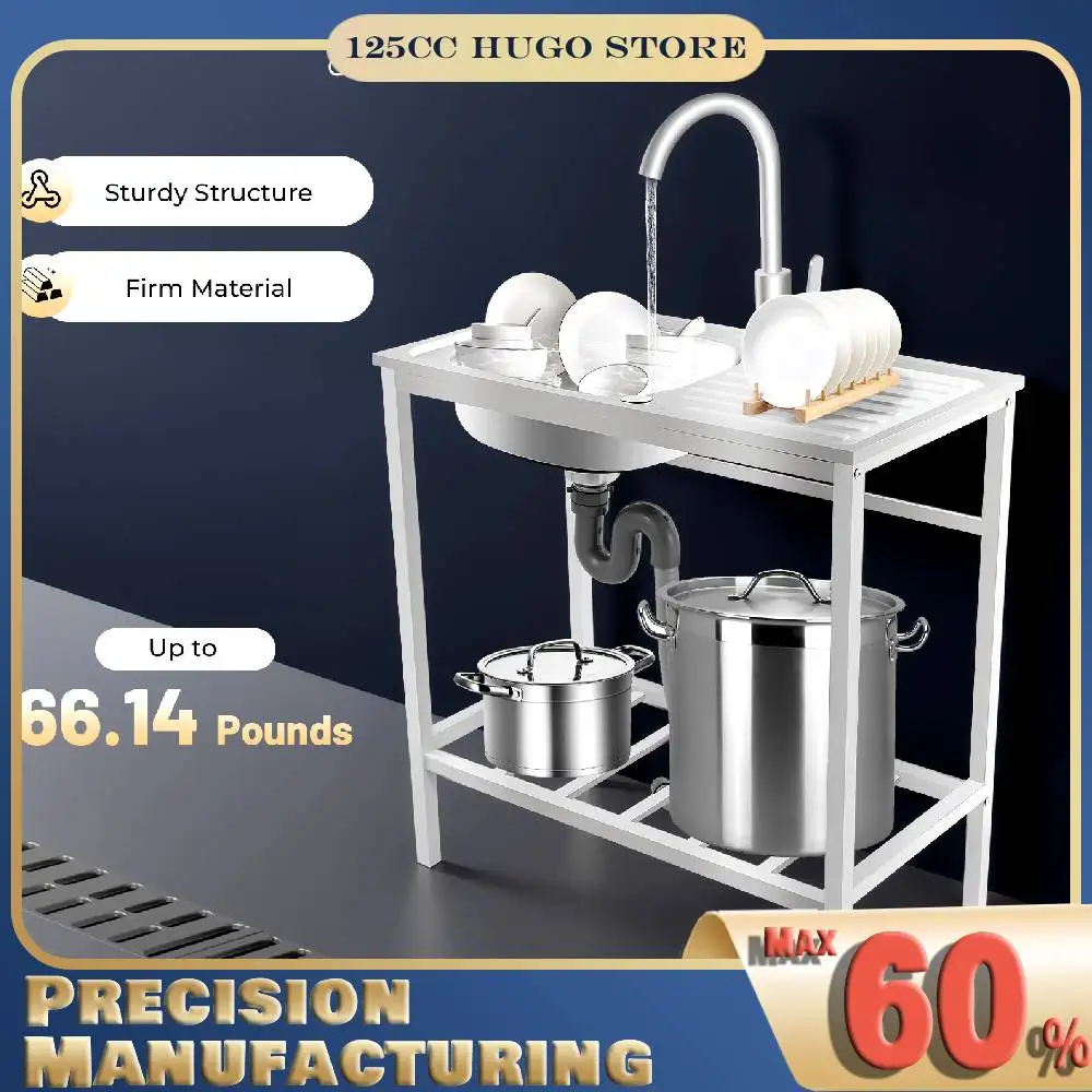 

Free Standing Stainless Stee Sink Single Bowl Kitchen Sink with Bottom Shelf, 30kg Load Capacity Commercial Sink with Faucet