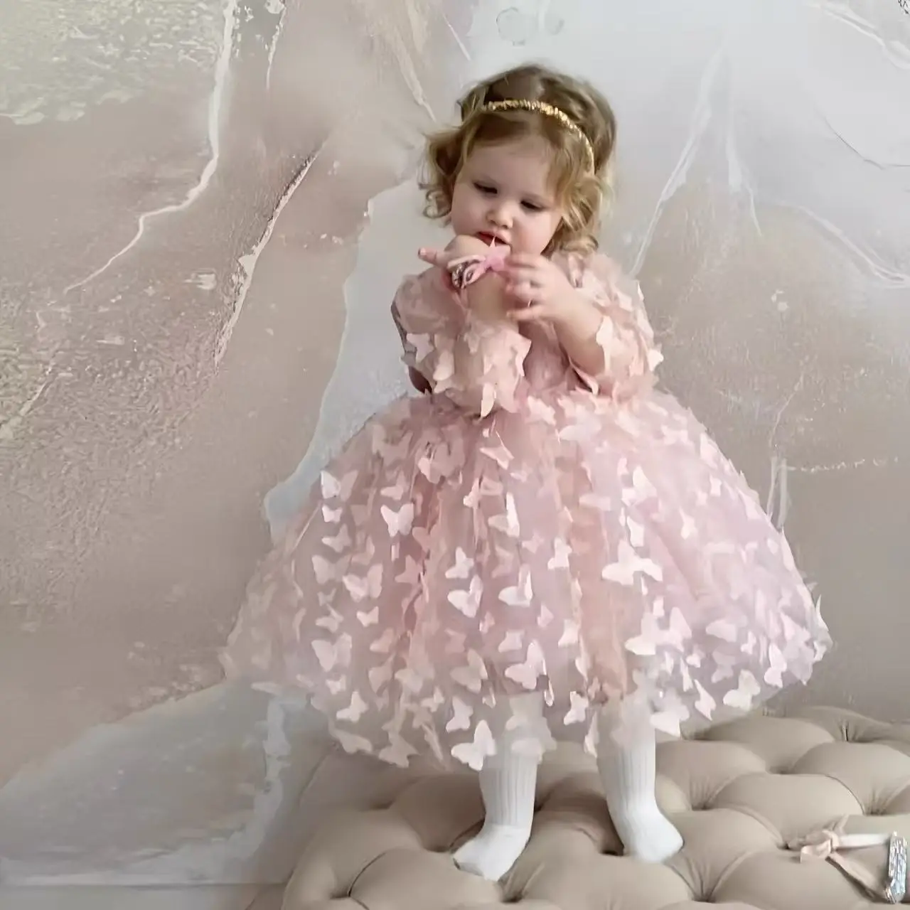 2024 Kinderkleid mit Blasenärmeln und dreidimensionalem Schmetterlingsdesign, flauschiges Prinzessinnenkleid, rückenfreies Performance-Outfit