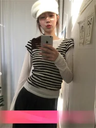 Cute Short Sleeve T-Shirt Pure Color Plaid Multicolor Fluffy Slimming Top Korean Style Commute Fashion round Neck Regular Fit