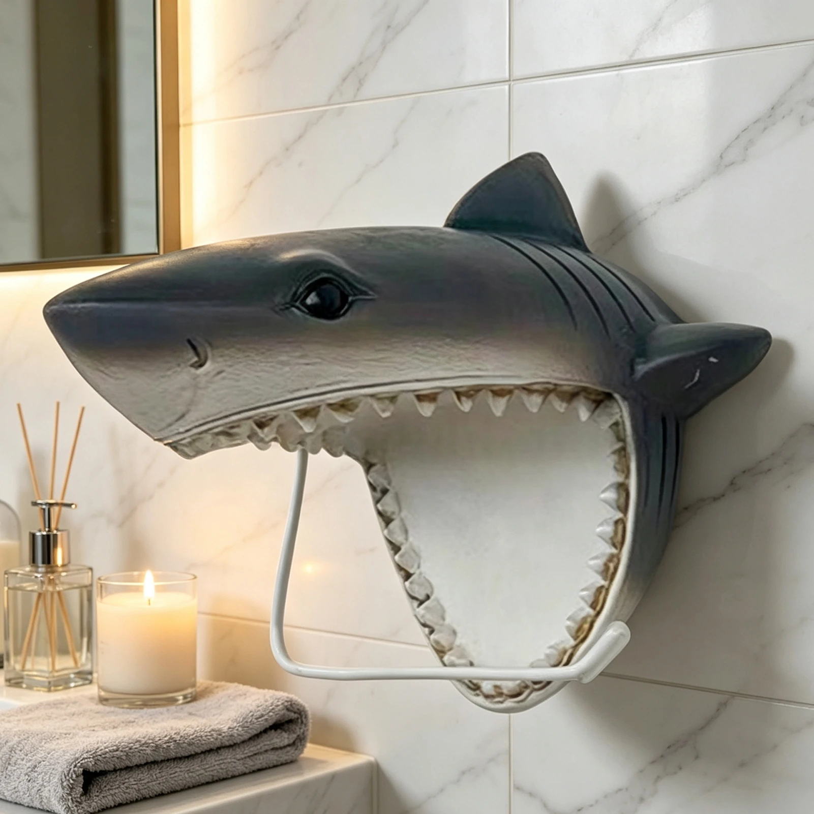 Toilet Paper Holder Rustproof Wall Mount Organizer for Bathroom Marine Theme Shark Design Jumbo Roll Storage Space Saving