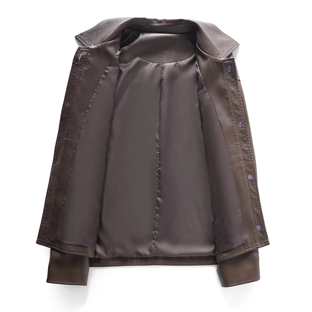 New Women Split Leather Short Coat Spring Autumn Fashion Turn-down Collar Single Breasted Loose Jacket Casual Long Sleeve Jacket