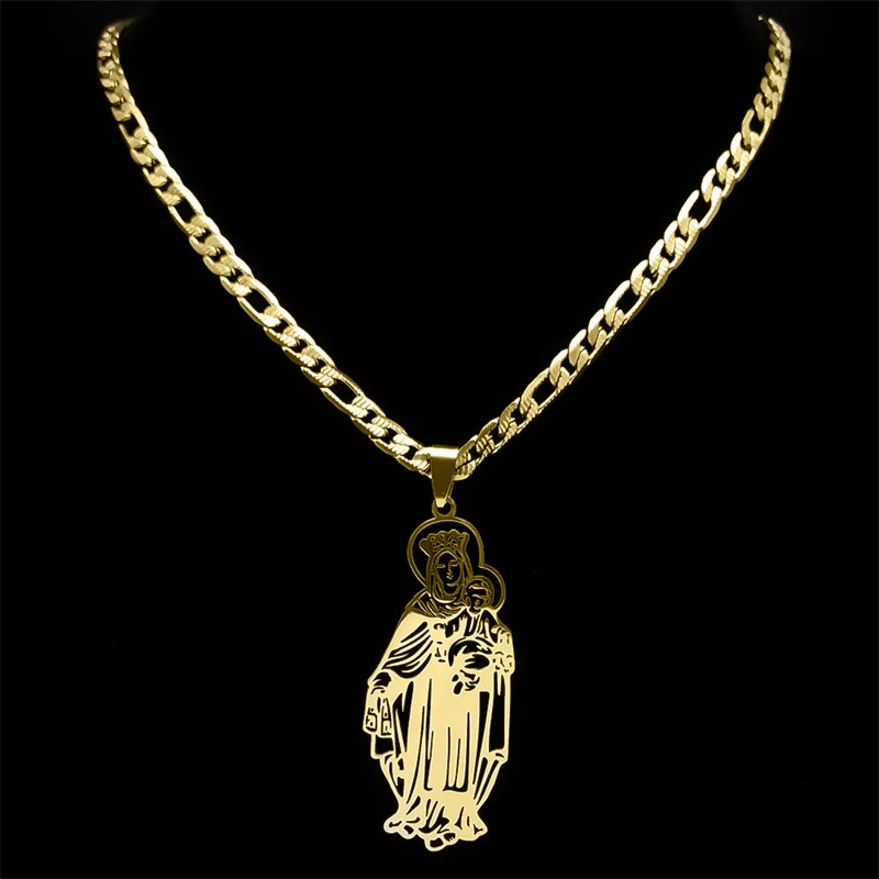 Virgin Mary and Baby Medal Hollow Necklace for Men Women OUR LADY Religious Pendant Stainless Steel Gold Color Necklaces Jewelry