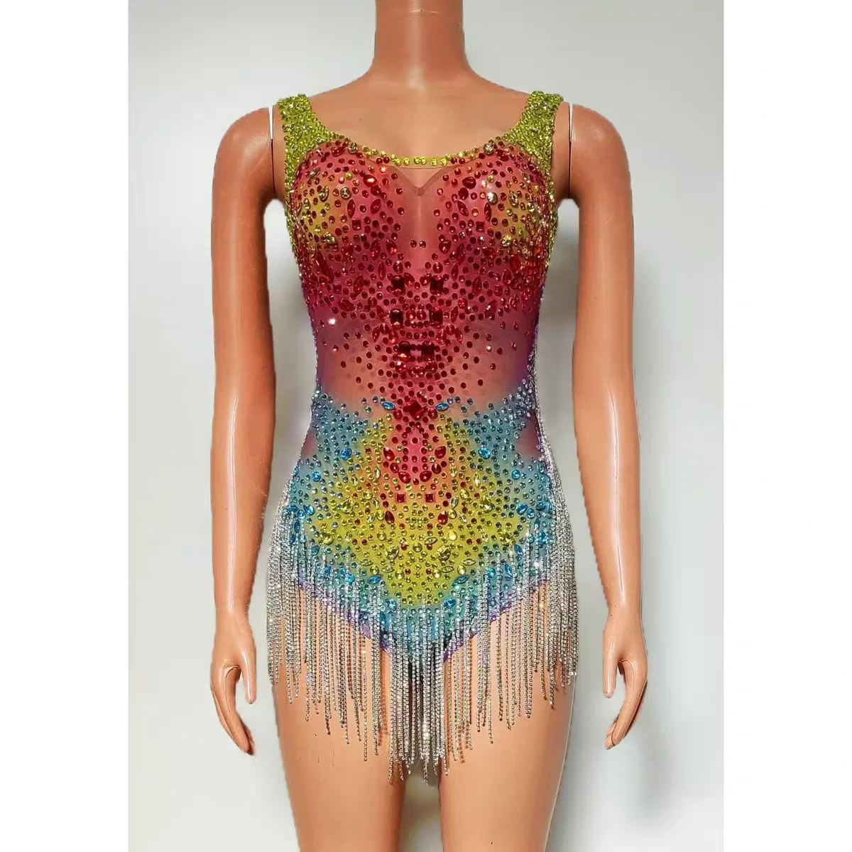 Nightclub DJ Bar Female Singer Stage Performance Costume Sexy Colorful Full Diamond Tassel jumpsuit Dance Team Party Theme Show