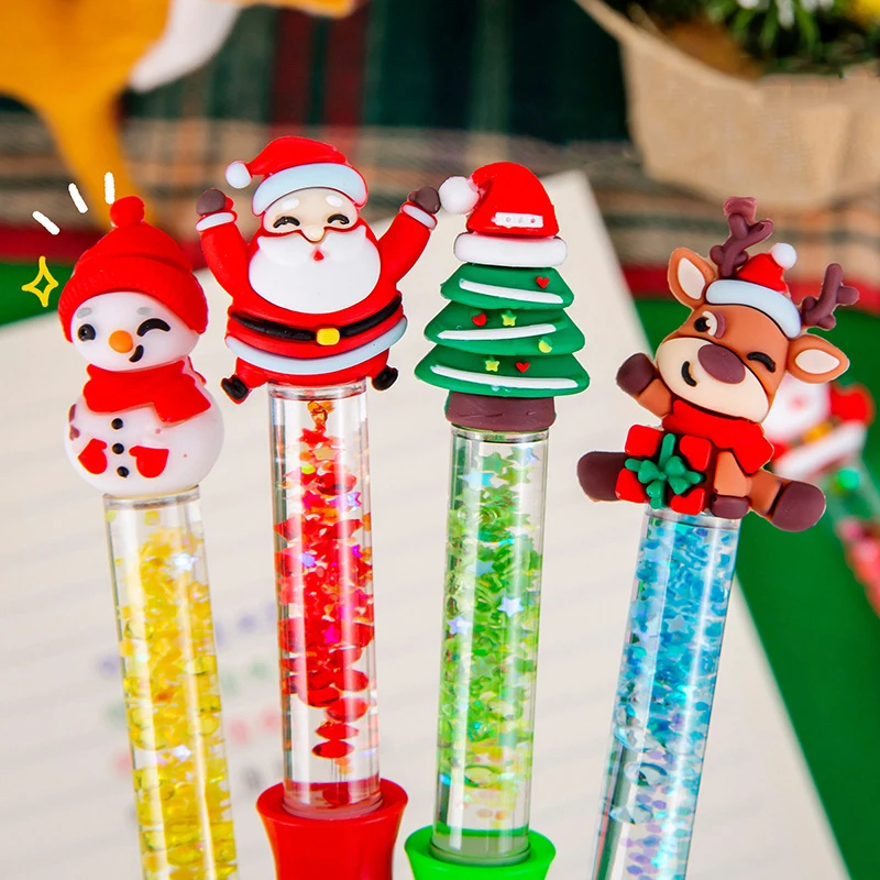 Cartoon Christmas Quicksand Ballpoint Pen Creative Four Color Pressing Ballpoint Pen Office Supplies Student Stationery Gifts