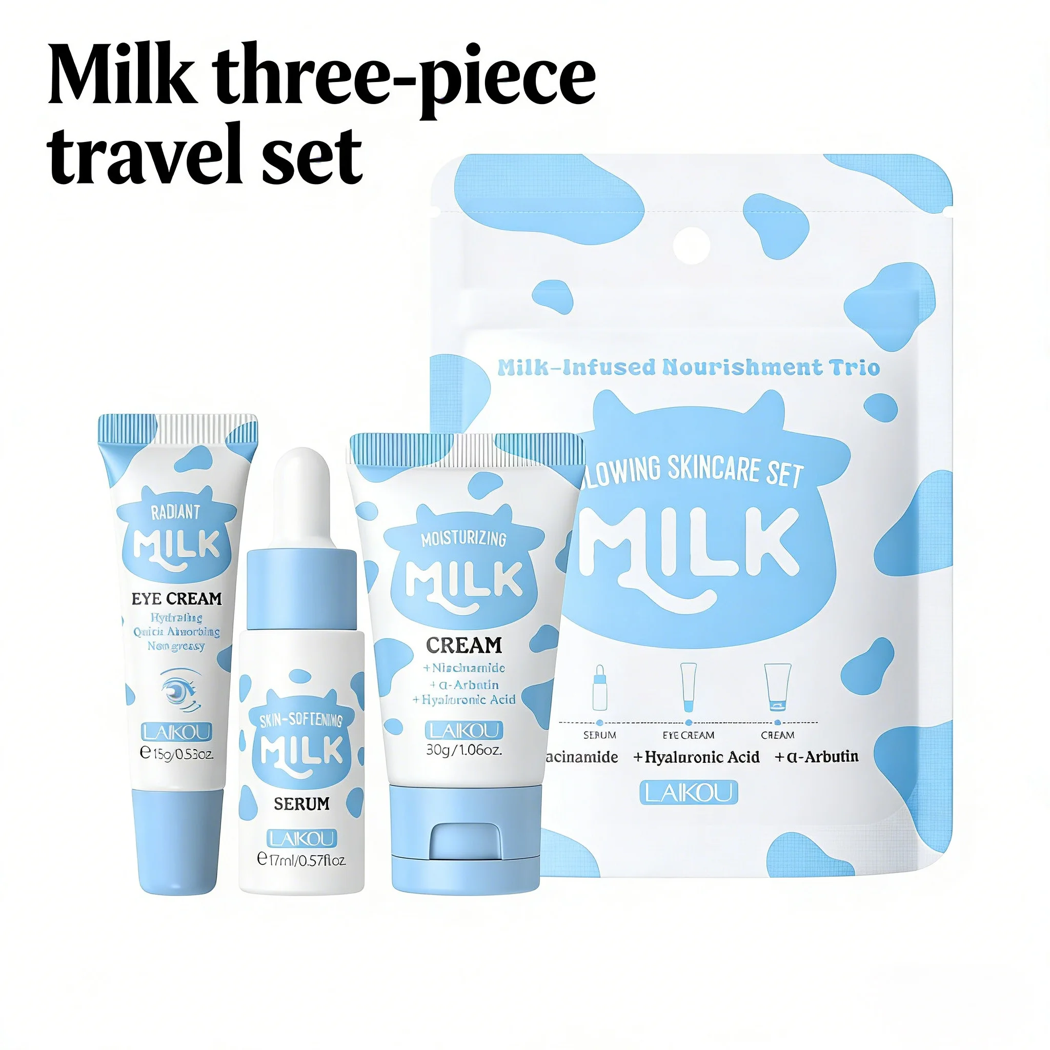 Conjunto de Cuidados com a Pele LAIKOU para Viagem 3 Peças com Niacinamida e Ácido Hialurônico, Sérum Facial, Creme para os Olhos e Creme Hidratante para Pele Radiante