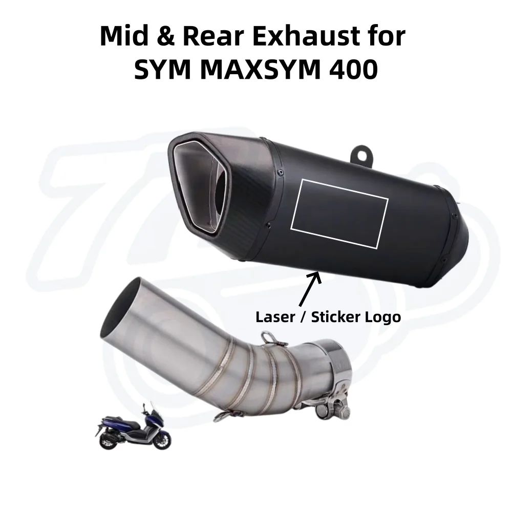 Motorcycle Exhaust System for Scooter SYM MAXSYM 400, Stainless Steel Mid Pipe Matches 51mm Inlet Muffler