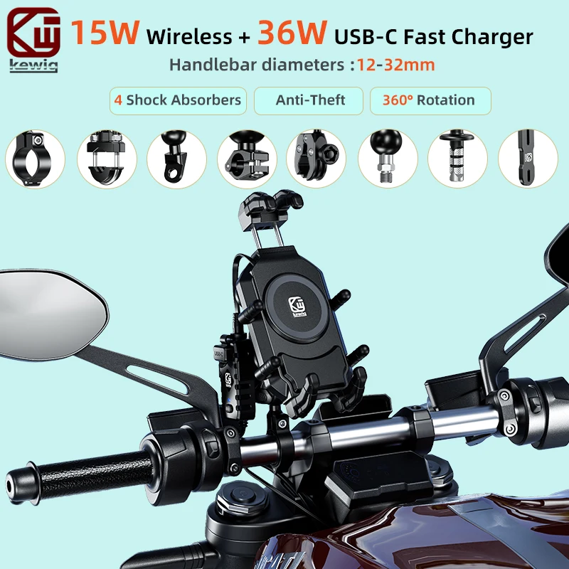 Kewig M26A Motorcycle Phone Holder 15W Wireless Charger 36W USB C Charging Vibration Dampener Anti-Theft Handlebar Phone Mount