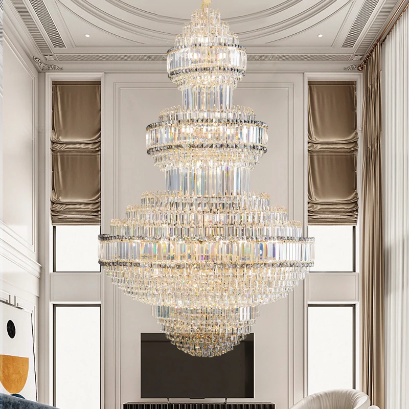 2024New European Duplex Large Chandelier Villa Building Middle Floor Living Room Crystal Lamp Hollow Hall Long Chandelier Luxury