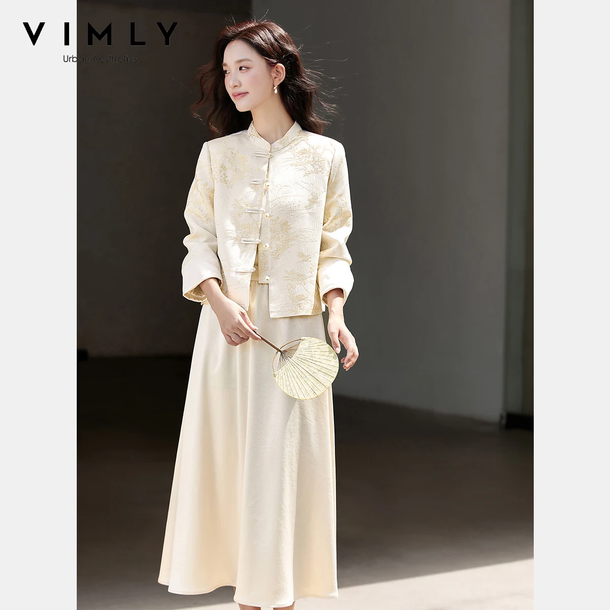 VIMLY Damen-Herbst-Zweiteiler-Set 2025, chinesischer Stil, Jacquard-Blumenmuster, Stehkragen, Tops, lange Röcke, elegante Frau, Rock-Anzug, A2876
