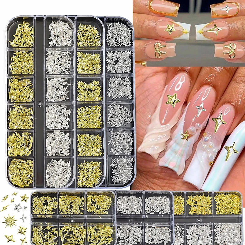 

6/12Grids Metal Bow Nail Art Charm Gold Silver 3D Star/Cross Nail Rivet Starlight Nail Decoration Parts DIY Manicure Accessories