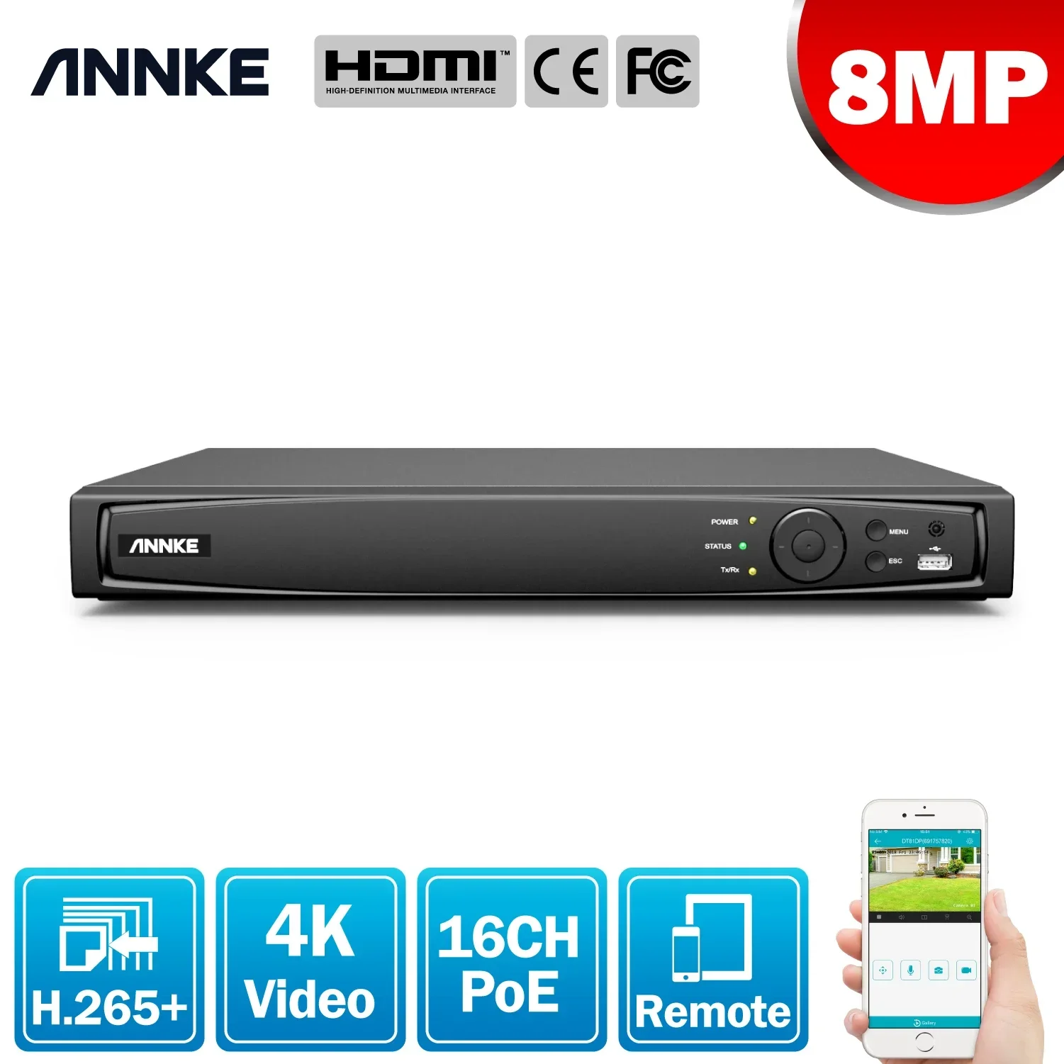 ANNKE 16 canales (NVR) con detección de movimiento 2 puertos SATA H.265 (PoE) 4K Ultra HD y funcionalidad de grabación de reproducción inteligente.