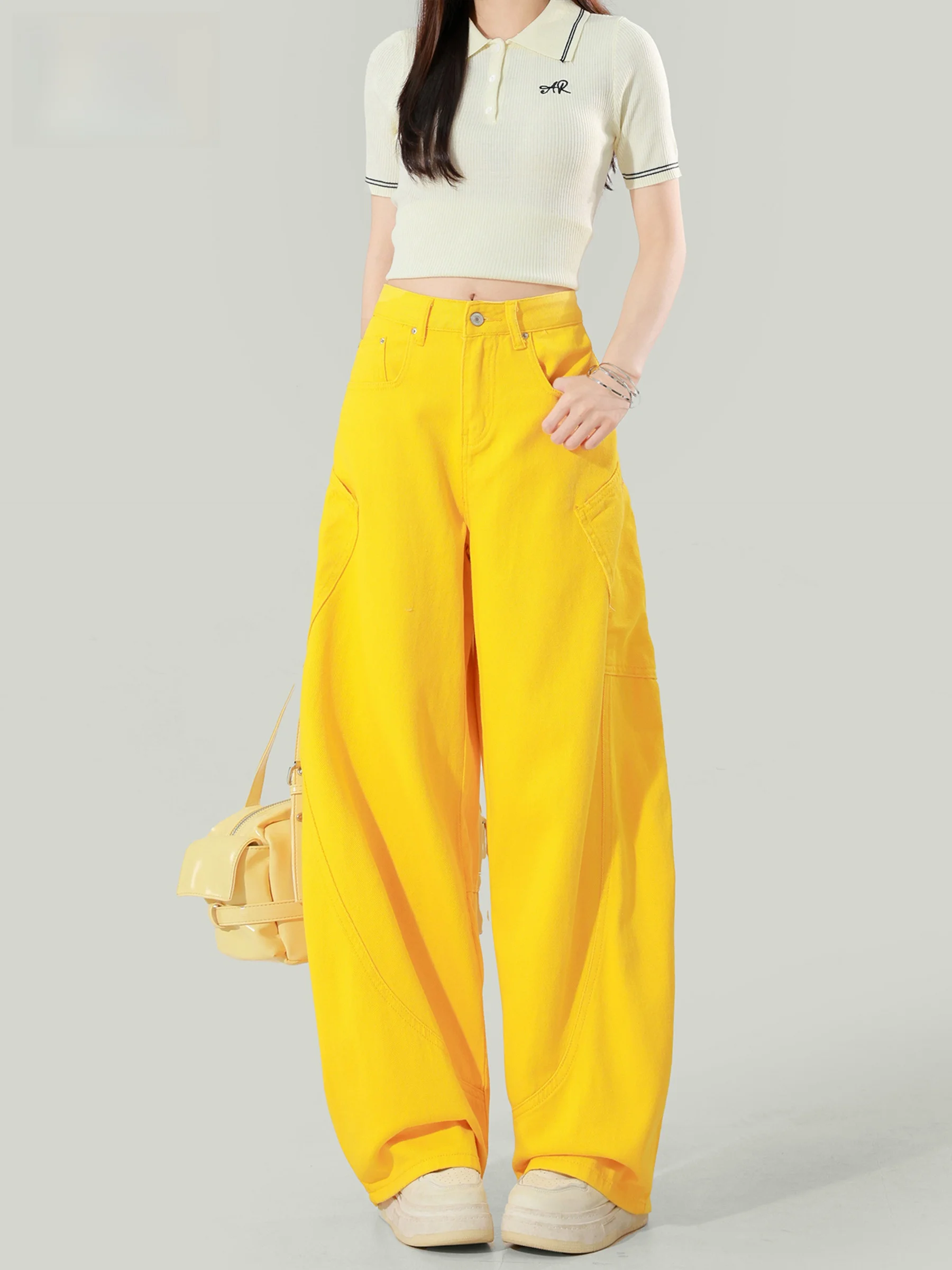 

Yellow American High Waist Knife Denim Jeans Women Summer New Design Embroidered Patchwork Wide Leg Pants Casual Style