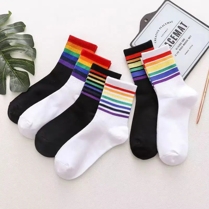 

10 Pairs Rainbow stripe sports socks sweat absorbing over-the-calf high socks Japanese college