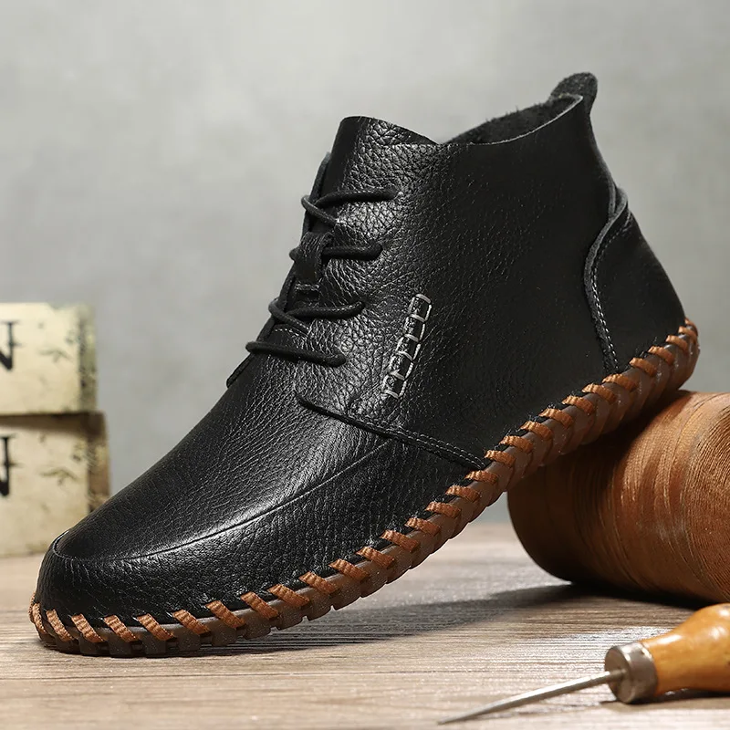 

New Shoes for Men Cow Leather Casual Shoes Soft Sole Flat Leisure Shoes Cool High Top Lace-up Loafers