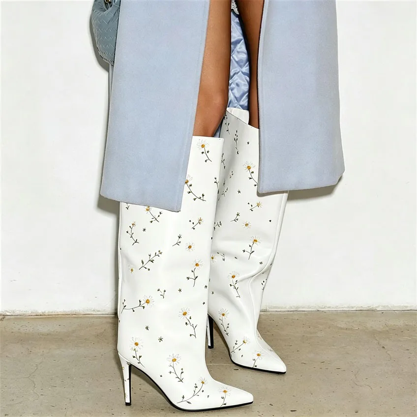 Blue Flower Printed White Leather Knee Length Pant Boots Women Designer Style Pointed Toe Stiletto Banquet Slip On Long Boot