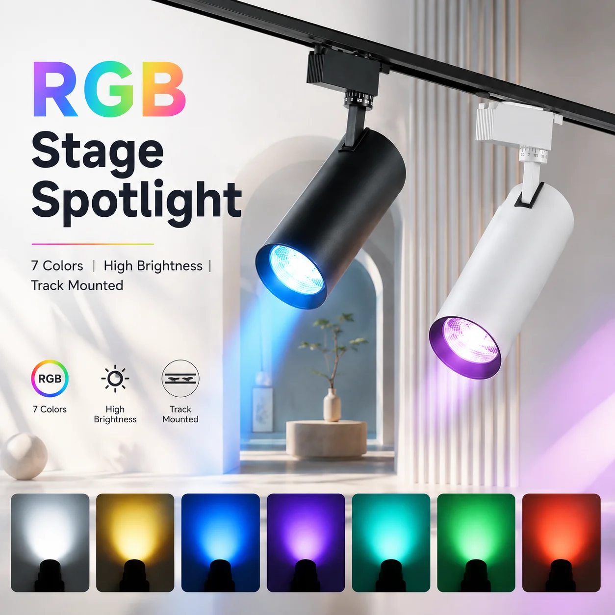 RGB Stage Spotlight Track Lamp 220V 7 Colors Atmosphere Party Track Lights For Bar Dance Room Spot Light Ceiling Lamp Decor