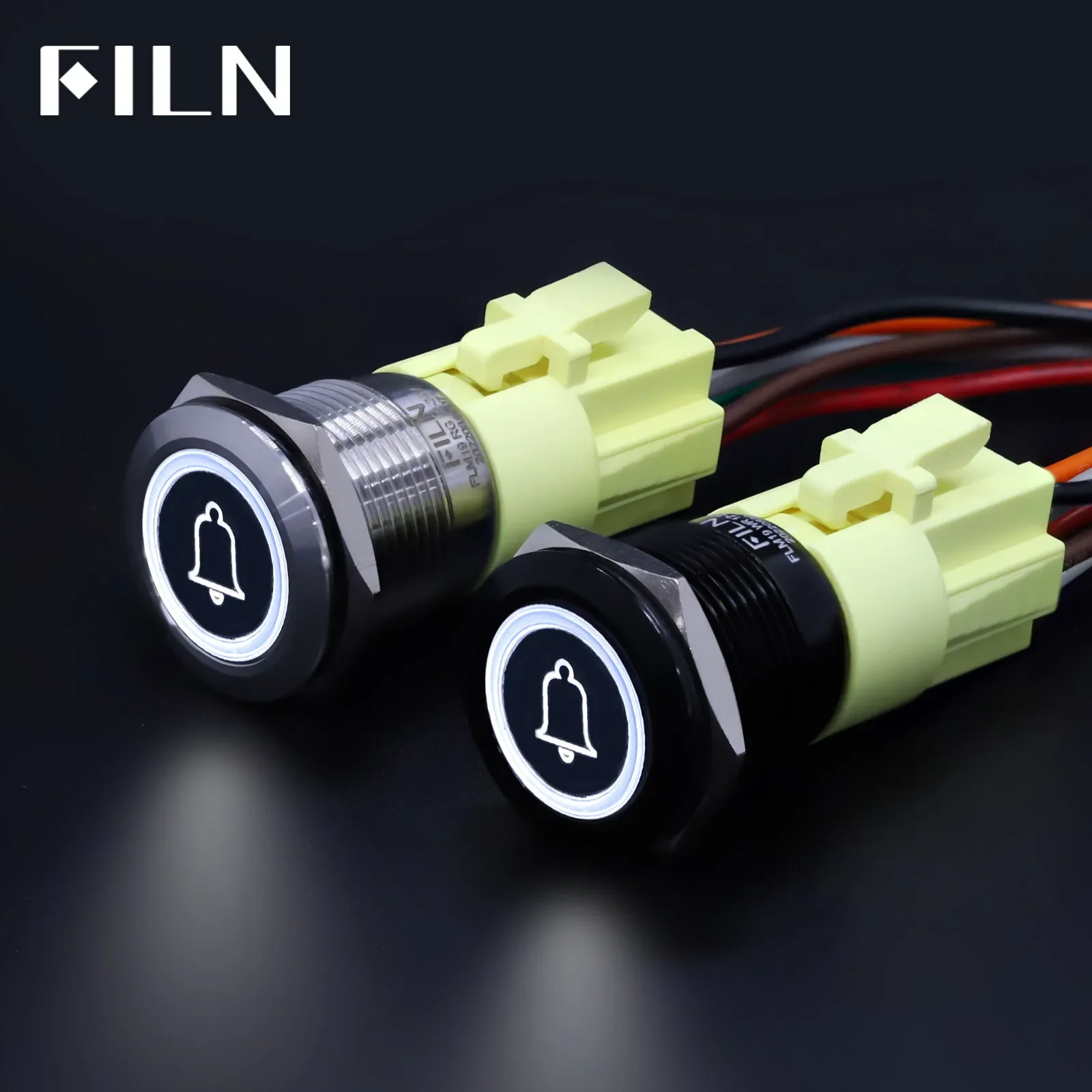 FILN 19mm 12V 24V LED Metal Push Button Switch Stainless Steel Black Dashboard Warning Symbol ON OFF Car Racing Switch