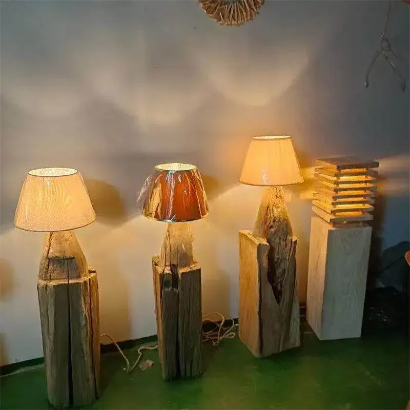 Floor lamp, whole wood, weathering, retro art decoration lamp, solid wood ornament, old vertical lamp, B&B stump