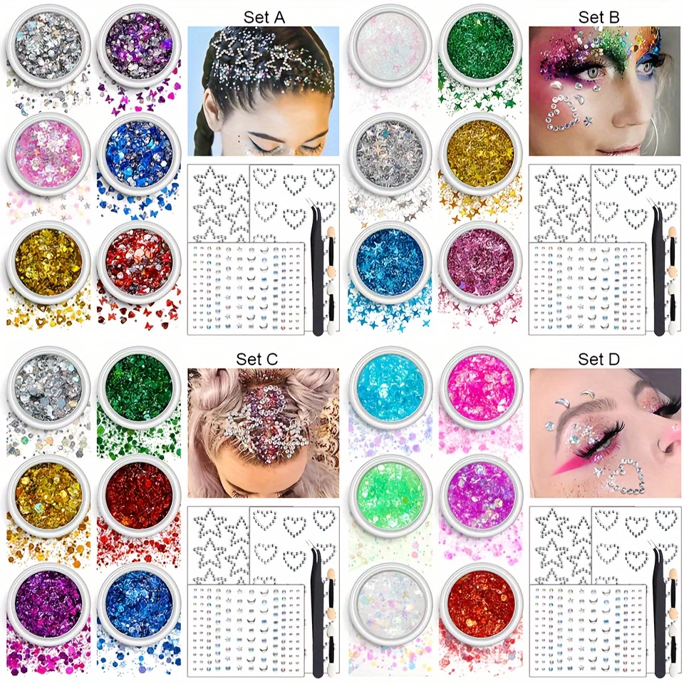 

Sparkle & Shine Hair Gel Set,6 Vibrant Colors with Chunky Glitter,Gem Stickers (Stars, Hearts, AB Rhinestones) for Makeup