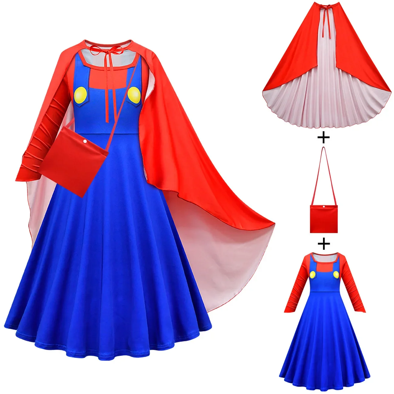 Kids Anime Cartoon Print Blue Red Green Plumber Dress Cloak Bag Set Outfit for Girls Christmas Halloween Cosplay Costume