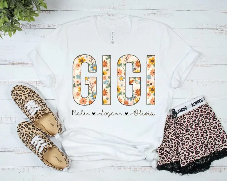 

Floral Custom Shirt Personalized With Kids Names Custom Kids Names Gigi Shirt, Mothers Day Gift Short Sleeve Top Tees O Neck y2k