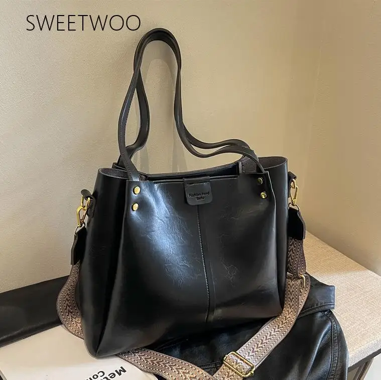Vintage Distressed Soft-Leather Large-Capacity Wide-Strap Tote Shoulder Bag