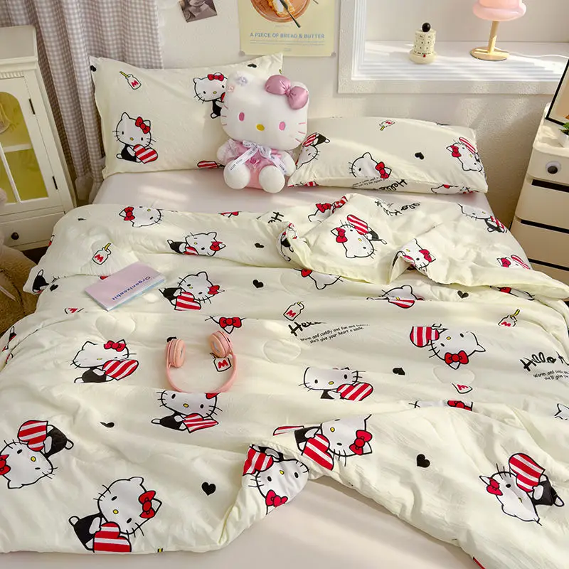 Anime hello kitty verão fresco colcha ar condicionado bonito casa lavada colcha de algodão estudante colcha fina núcleo máquina lavável