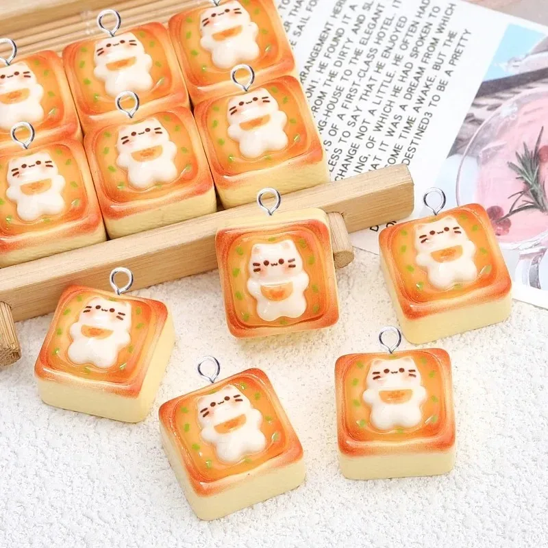 10Pcs Flatback Cat Toast Bread Resin Pendants, Cute Animal Food Charms for DIY Keychain Jewelry Making Findings