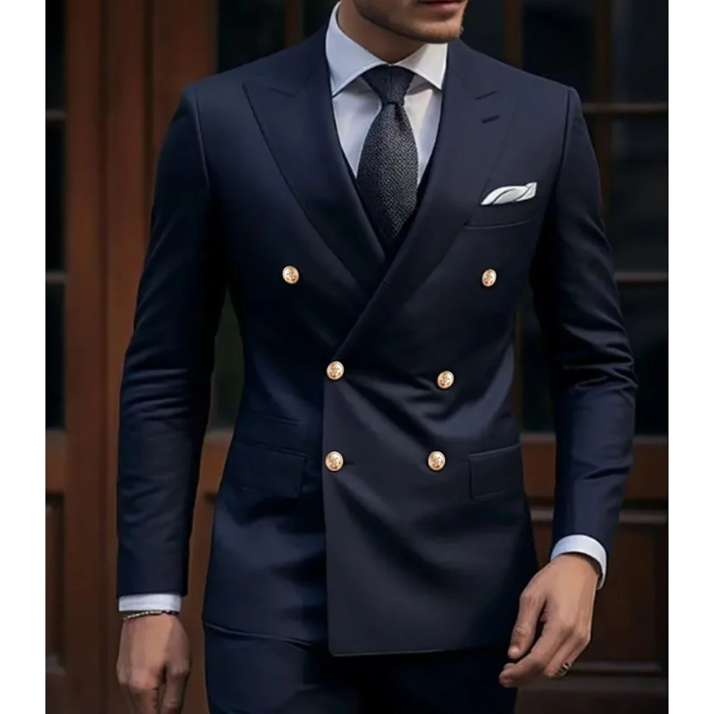 Luxury Navy Blue Men Suits Slim Fit 2 Piece Jacket Pants outfits High Quality Male Clothing Smart Casual Business Full Sets 2024