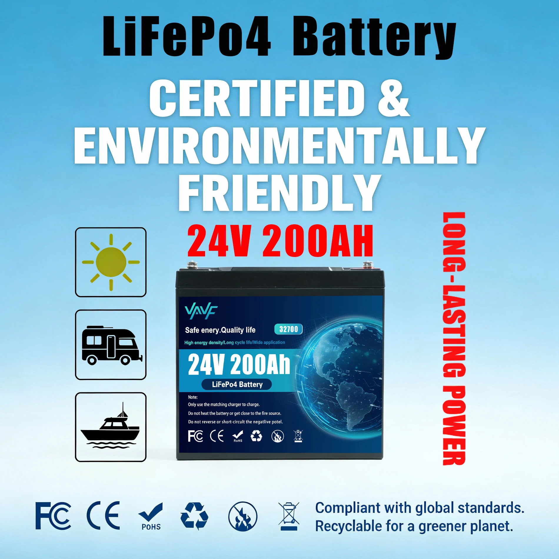 

24V 200Ah LiFePO4 Batterywith BMS 8000+Cycles,for Solar Energy Storage,RV Travel,Boats,Off-Road Adventures & Off-Grid Homes