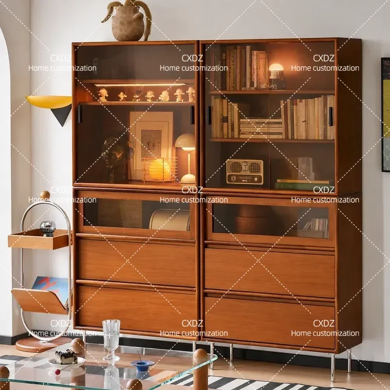 Medieval Bookcase Premium Retro Glass Door Dining Side Cabinet Living Room Solid Wood Furniture Storage Combination Display