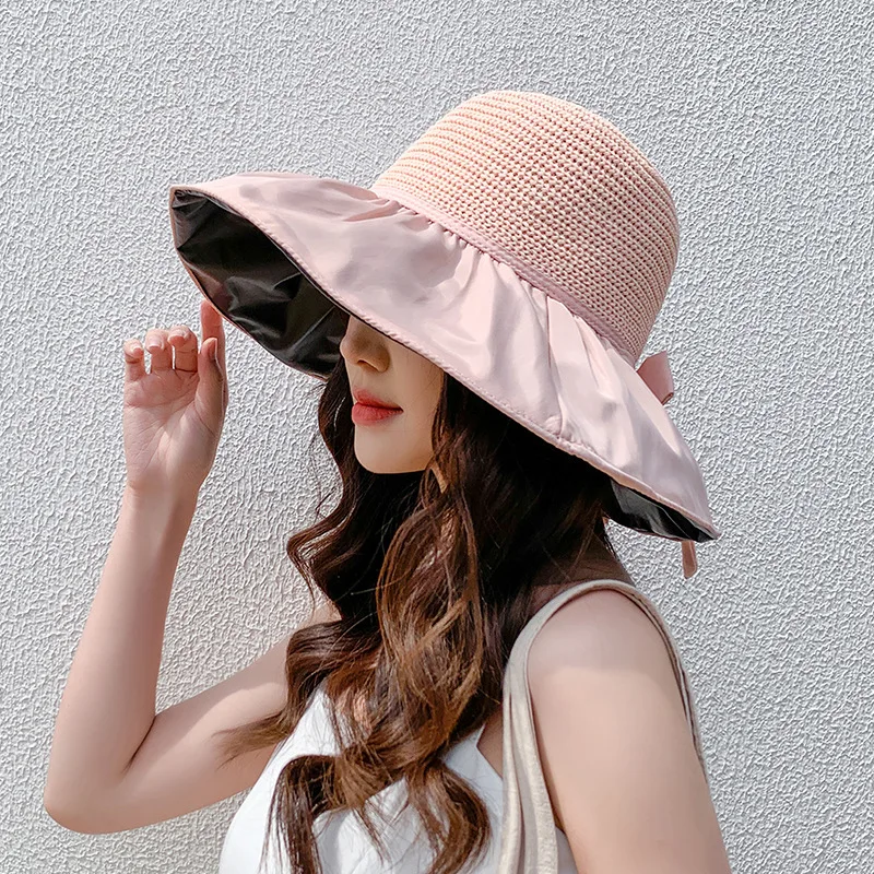 

New Summer Sun Hat Large Brim Foldable Hollow Breathable UV Protection Bow Tie Decor Women Sunscreen Hats Beach Cap for Outdoor