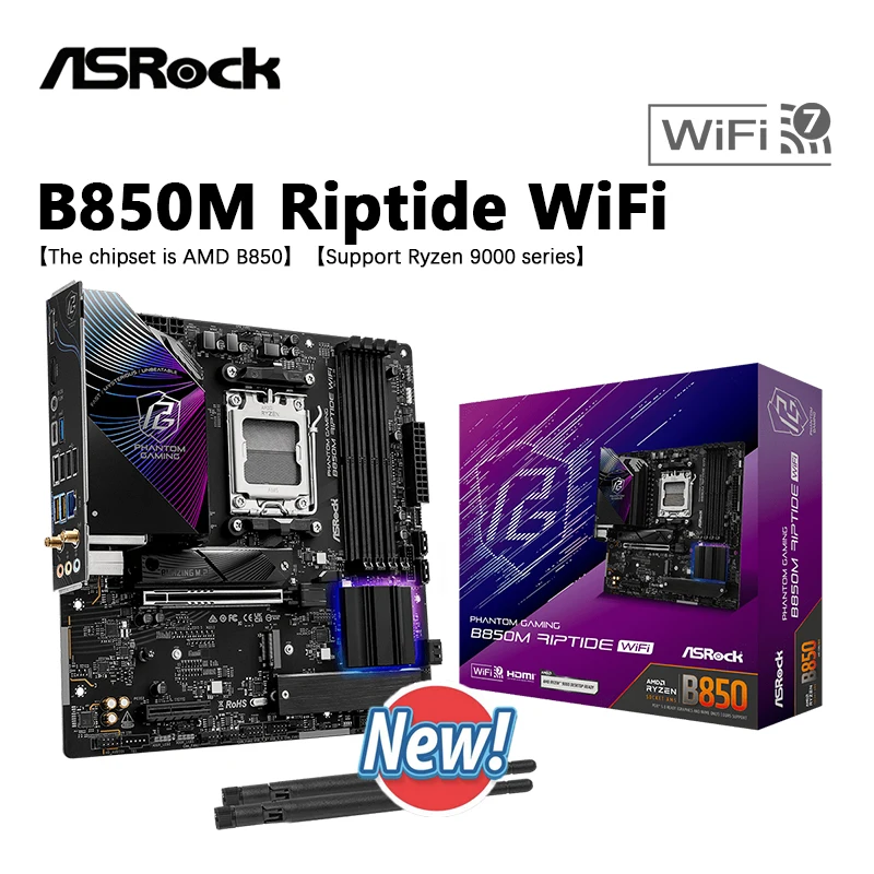 

Новая материнская плата ASROCK B850M Riptide WiFi Micro ATX с поддержкой AMD серий AMD Ryzen 9000, 8000, 7000 Socket AM5