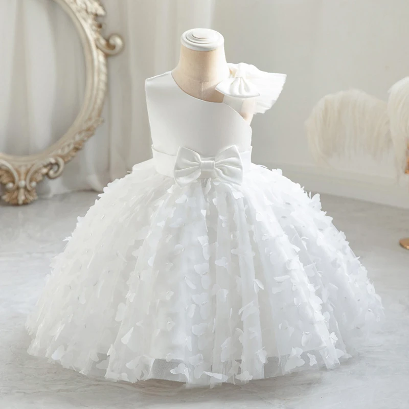 Bow Baby Girls White Baptism Dress Butterfly Tulle Infant Baby 1st Birthday Wedding Gown Flower Girl Tutu Princess Party Dresses