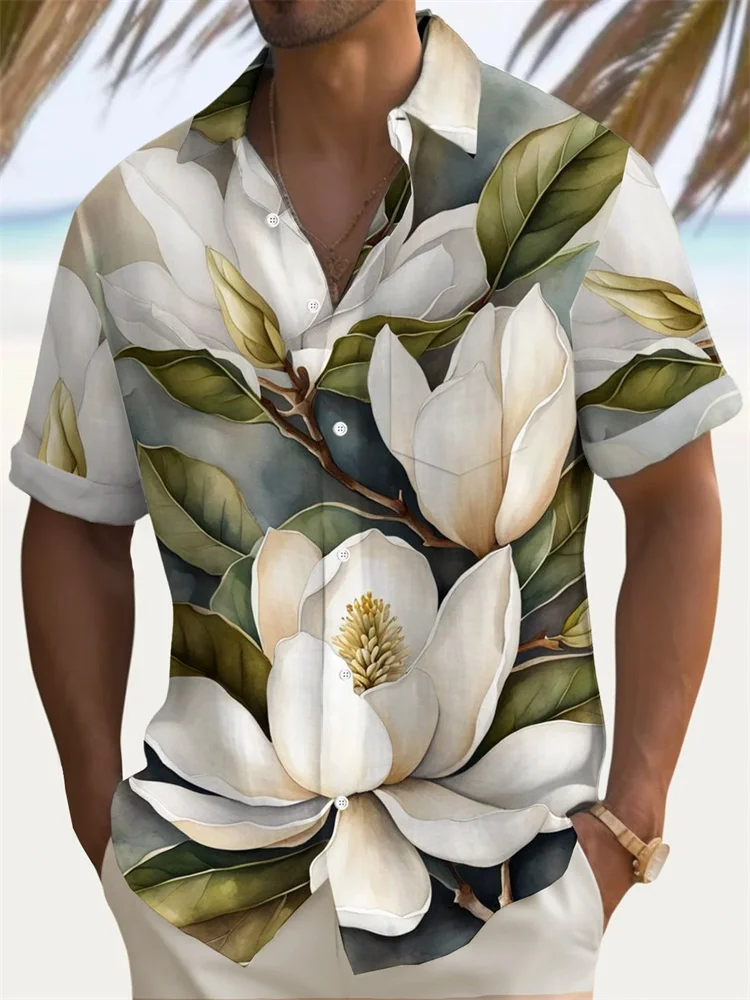 3D printed flowers men's short-sleeved casual shirt men's spring and autumn trendy shirt casual party club clothing