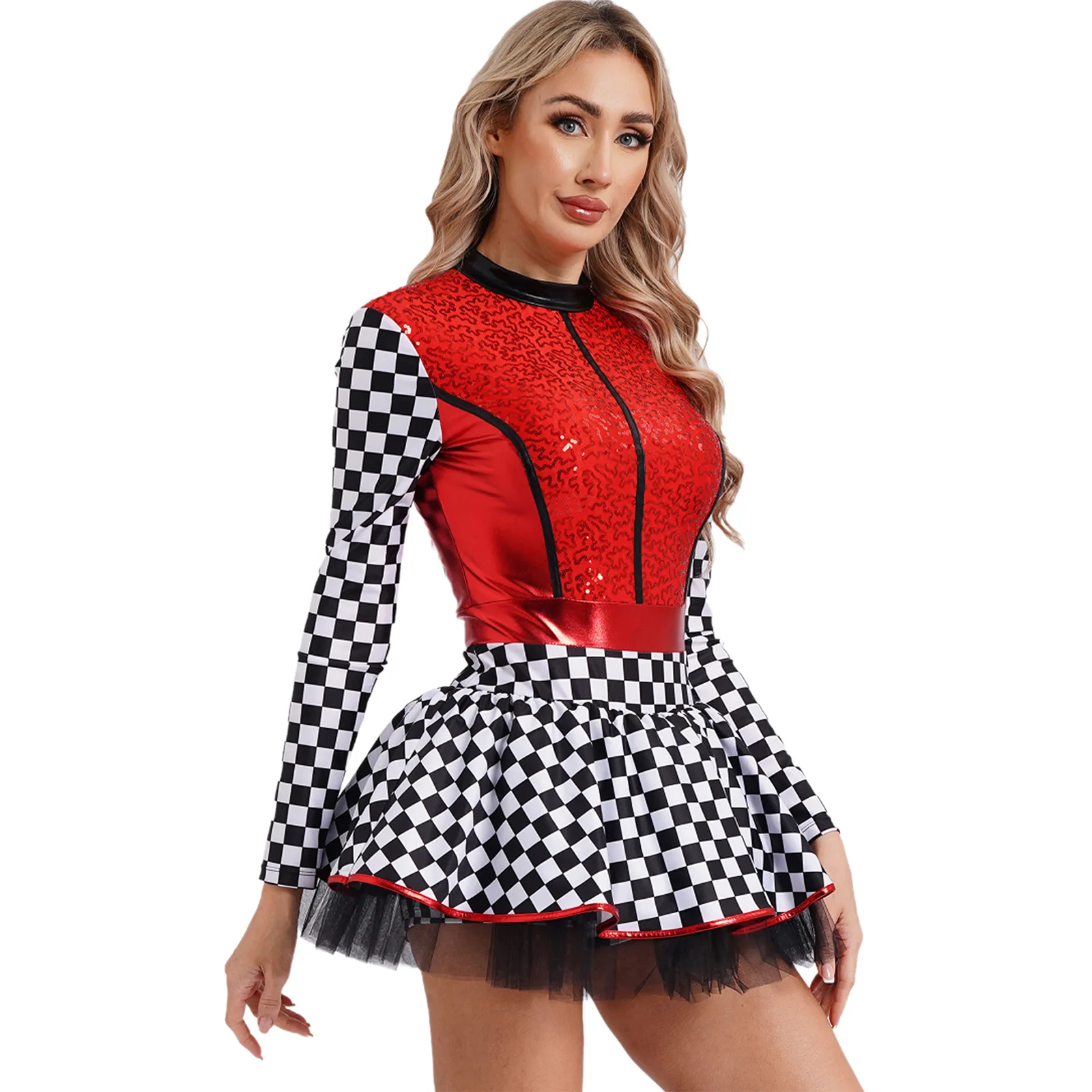 Womens Vintage Checkerboard Print Racer Dress Long Sleeve Sequins A-line Tulle Skirt with Shorts Dress Halloween Party Costumes