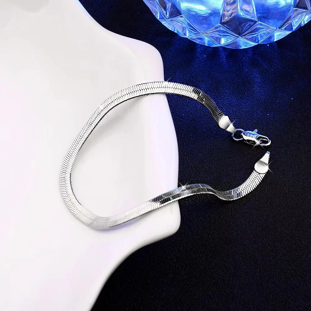 925 Sterling Silver Bracelet 4MM Blade Bracelet Flat Snake Chain Women's Simple Fashion Bracelet Birthday Party Jewelry Gift