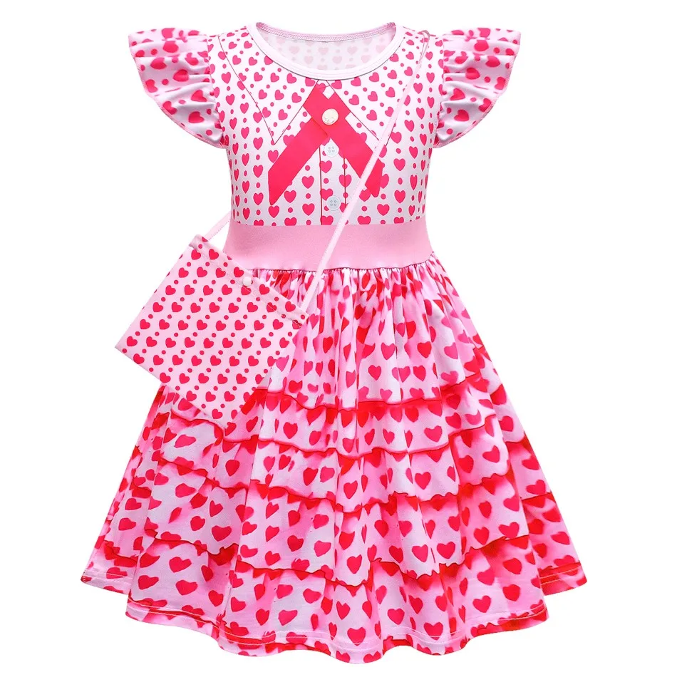 Girls Pink Heart Print Tiered Cake Dress Flutter Sleeve Kids Cosplay Costume Dress with Matching Bag Photoshoot Outfit TSJ45